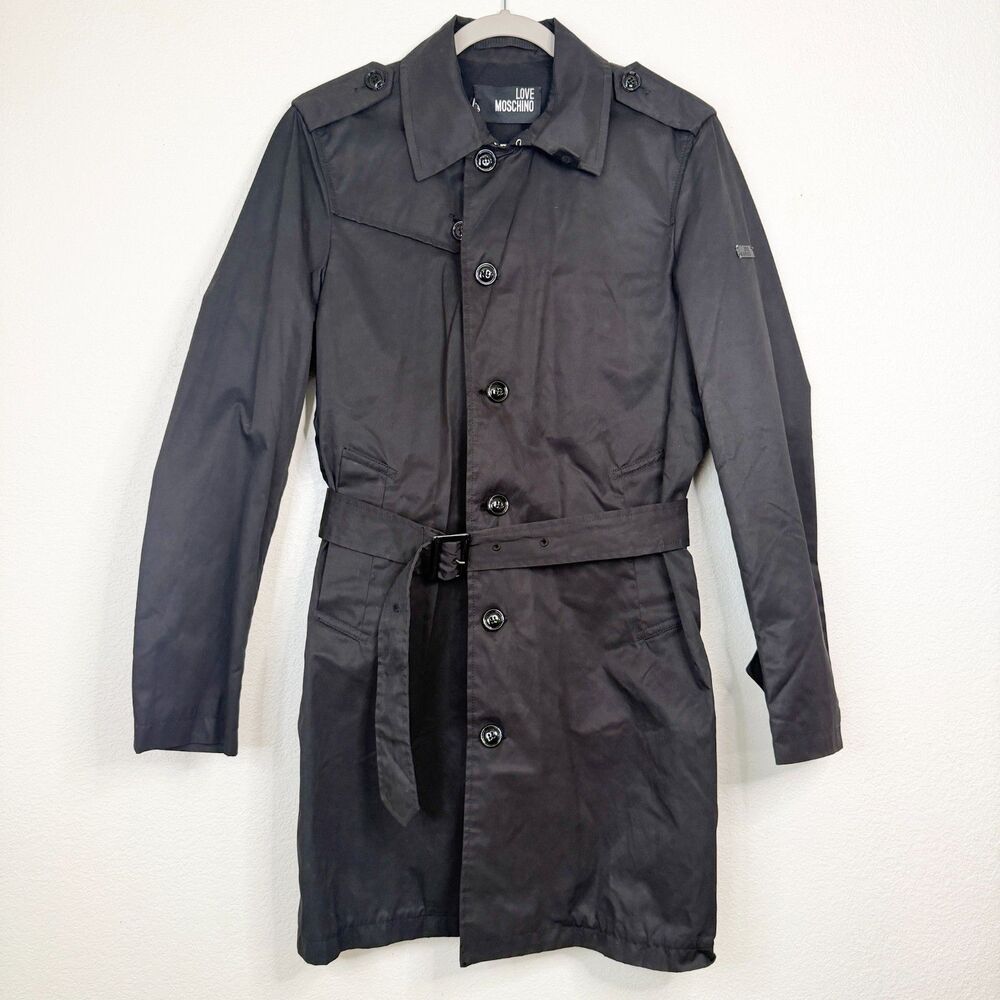Love Moschino Black Belted Trench Coat Jacket Men Size IT 46 US Small NWT